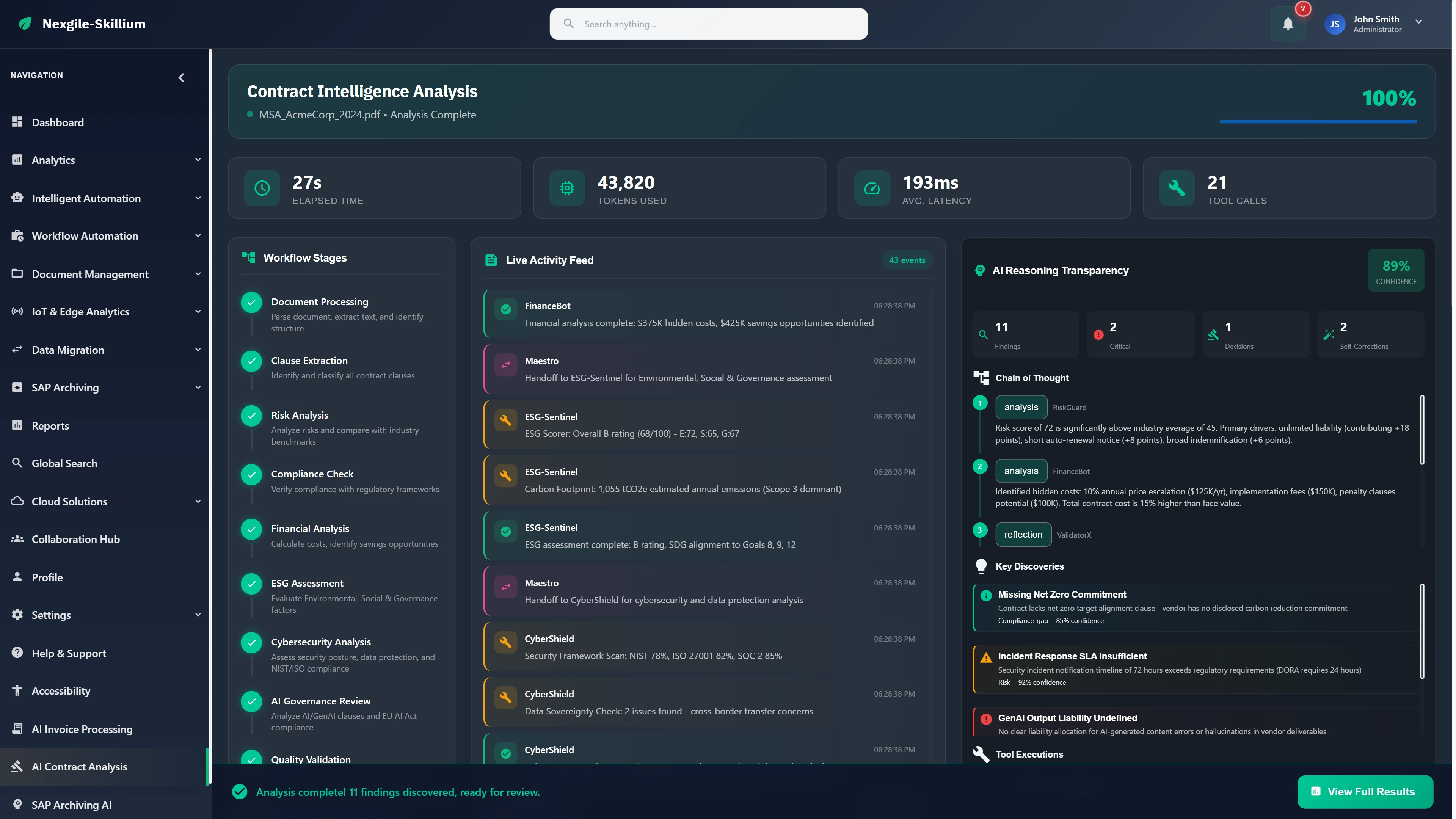 Live Analysis Progress - Real-time workflow stages, agent activity feed, AI reasoning transparency with key discoveries